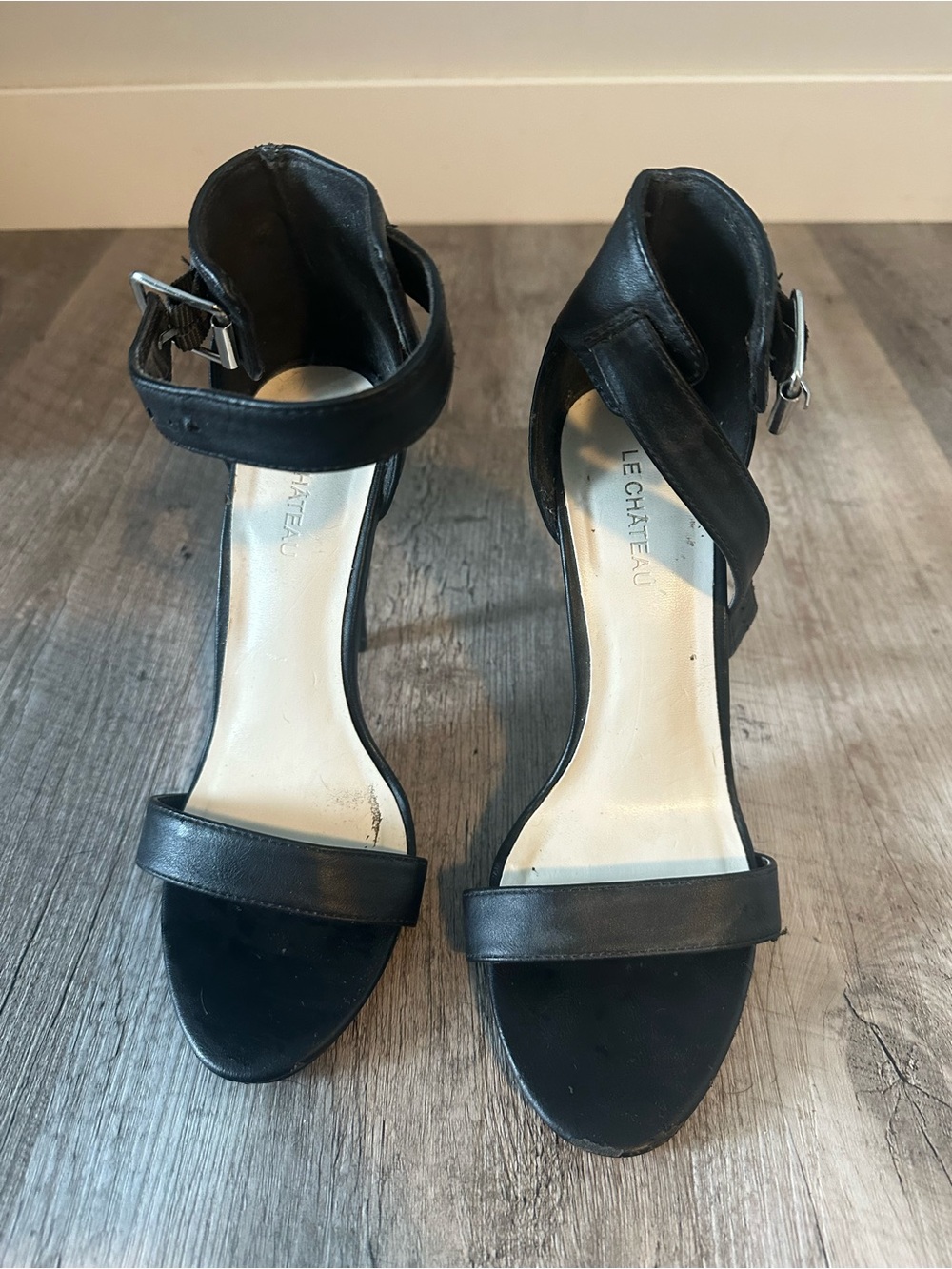 le chateau Black Leather Ankle-Strap Heels
